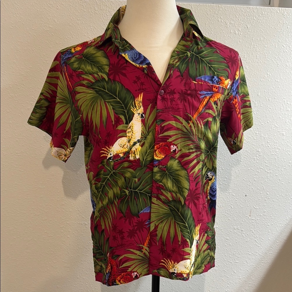 Vibrant Red and Green Casual Button Down Shirt with Tropical Flair